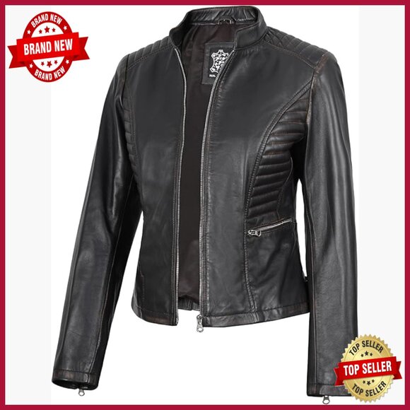 Lambskin Leather Jacket Women's Cafe Racer Style Distressed Zip Cuffs